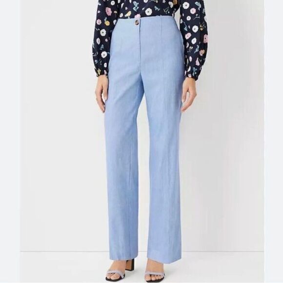 NEW Ann Taylor High Rise Straight Leg Light Blue Linen Trousers Size 10 - Picture 1 of 9